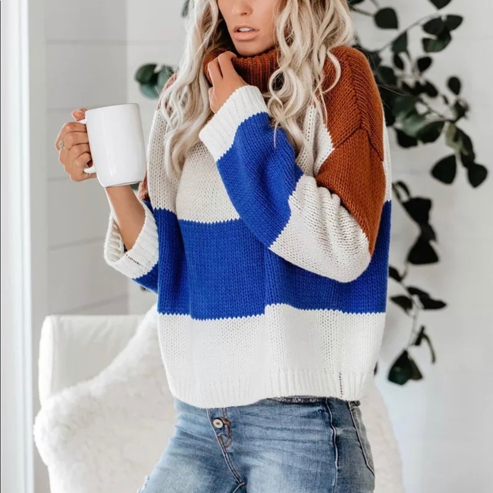 Boho Striped Mock Neck Pullover Sweater BROWN NEW